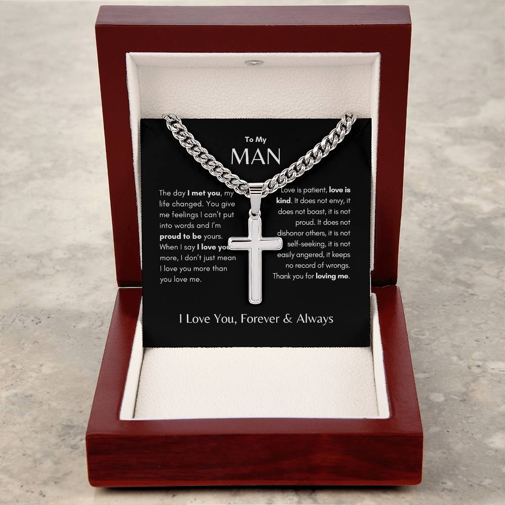 My Man | Shift to Patient Love 1 Cor. 3:14 Personalized Cross
